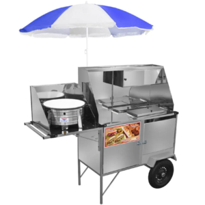 Carrinho Cefaz Hot Dog Lanche e Salgado Luxo Inox Rodas Pneumáticas e Guarda Sol L28P/GS