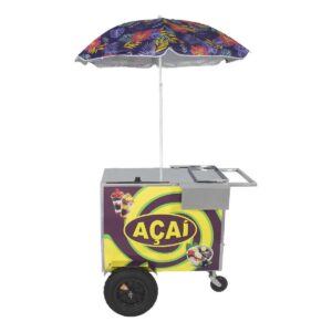 Carrinho Para Açaí Inox R2 965 Com Adesivo E Rodas E Guarda Sol